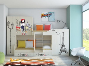 Детская кровать-чердак Лео с принтом Париж